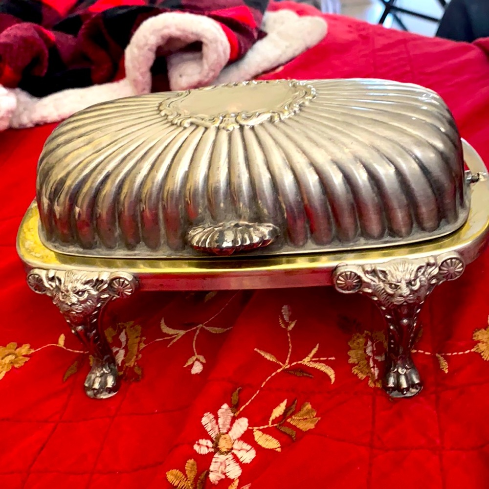 Vintage F.B. Rogers Silver Co. Hinged Butter Dish with Lion's Head Legs
